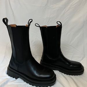 Black Leather Calf Length Biker Combat Boots